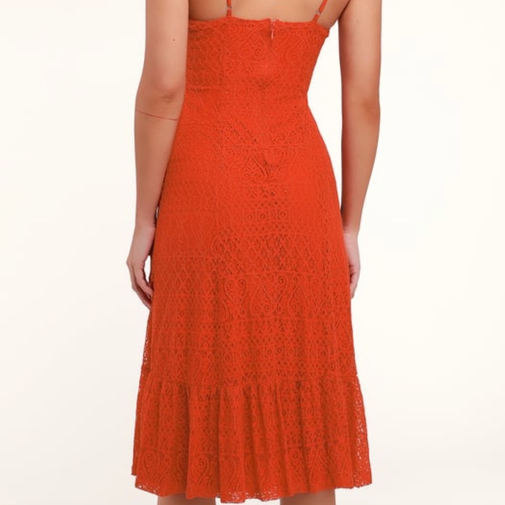 Orange lace midi dress with ruffle bottom - Picture 4 of 4
